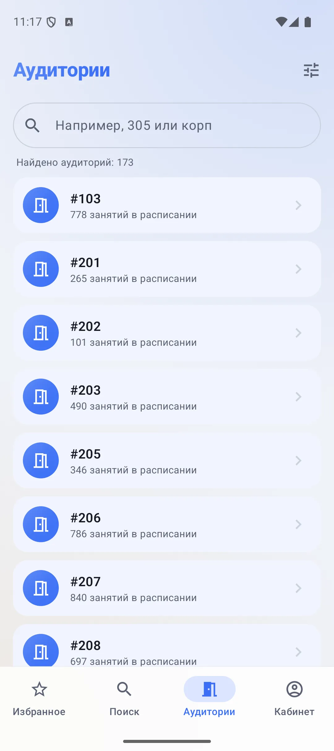 Список из 173 аудиторий с числом занятий в расписании